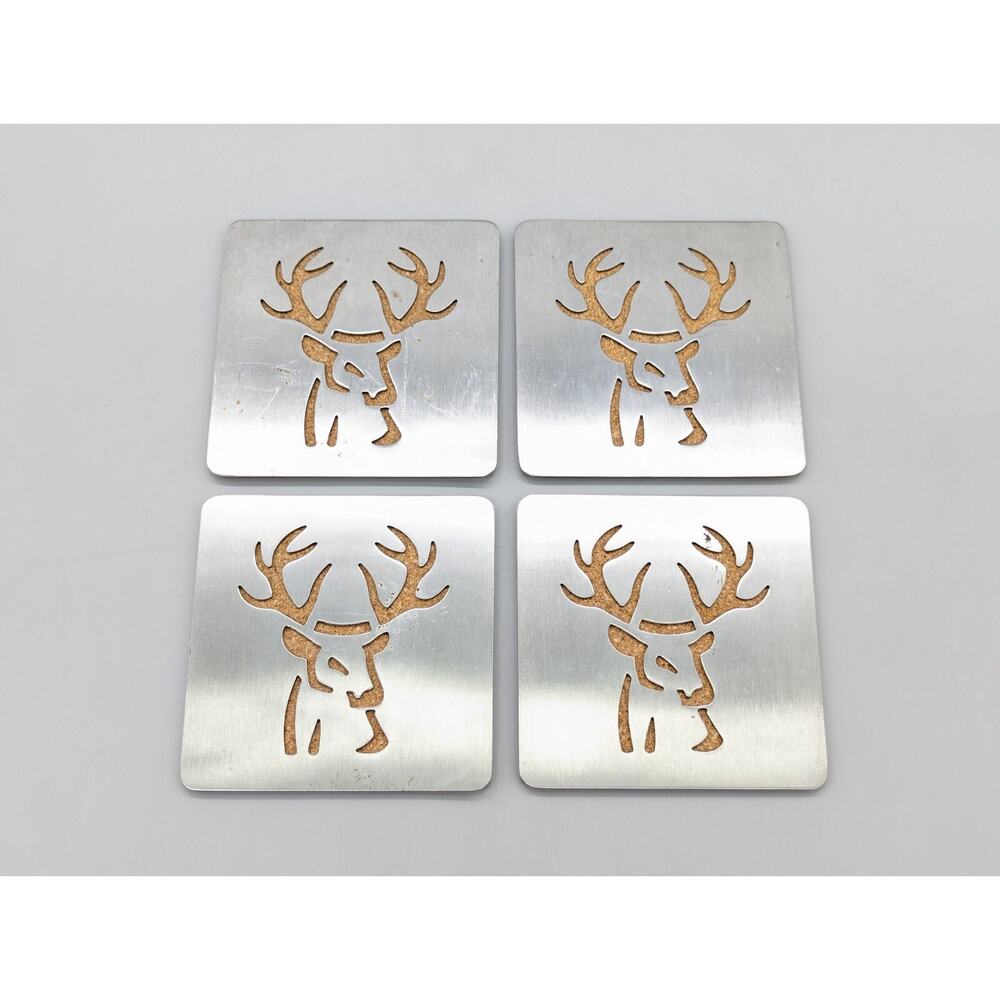 Square 4.25" Deer Head Antlers Hunting Metal & Cork Set of 4 Drink Coasters